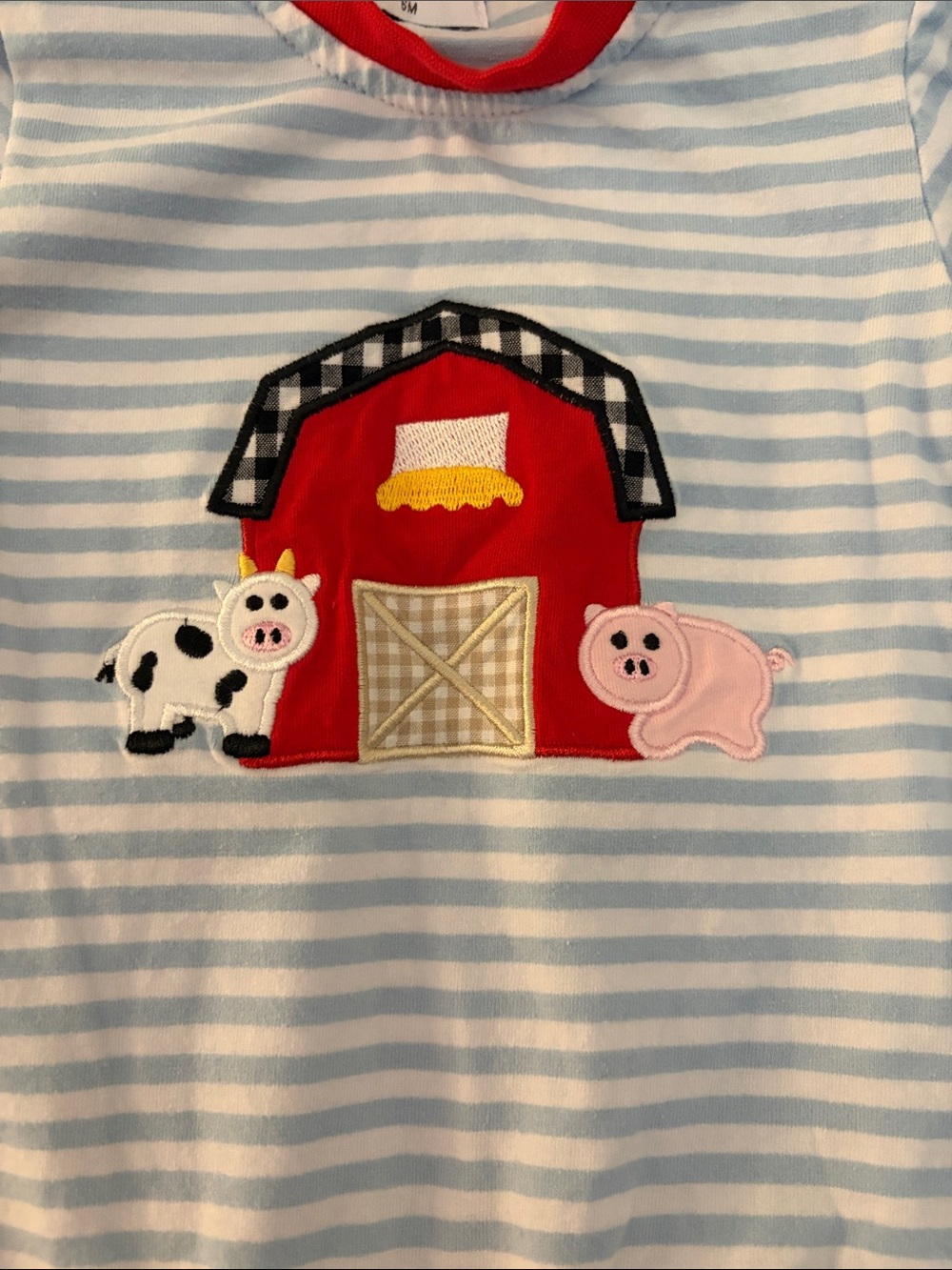 NWOT Striped Blue & Red Barn Applique Baby One-Piece Bodysuit - Picture 2 of 4